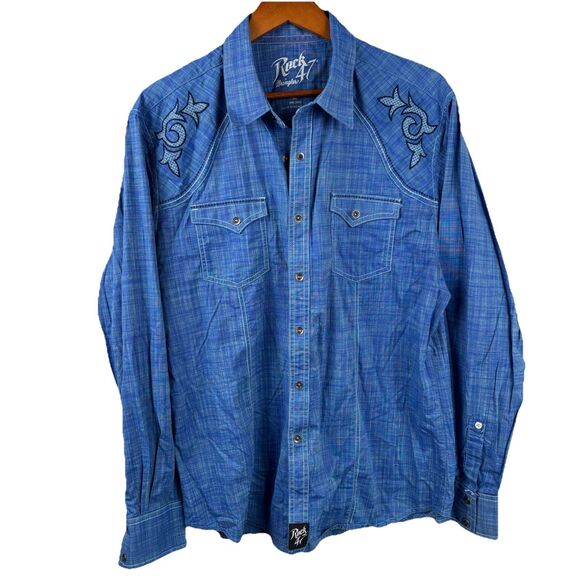 ROCK 47 WRANGLER Western SNAP Front Cotton (XL) Blue Shirt Pocket embroidered - Picture 2 of 14